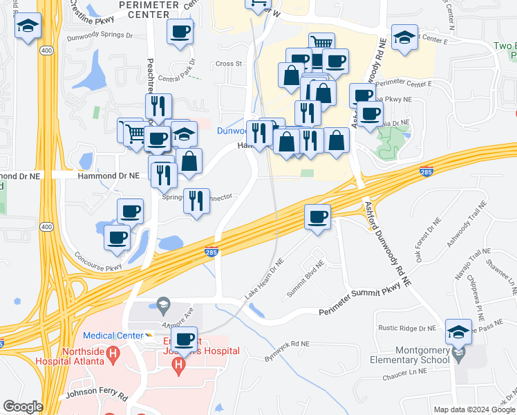 map of restaurants, bars, coffee shops, grocery stores, and more near 246 Perimeter Center Parkway Northeast in Atlanta