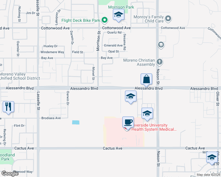 map of restaurants, bars, coffee shops, grocery stores, and more near 28472 Alessandro Boulevard in Moreno Valley
