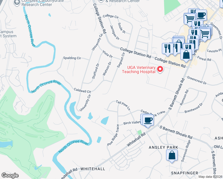 map of restaurants, bars, coffee shops, grocery stores, and more near 305 Segrest Circle in Athens