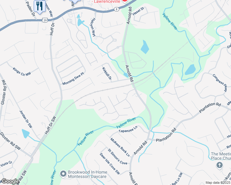 map of restaurants, bars, coffee shops, grocery stores, and more near 2487 Archwood Way in Lawrenceville