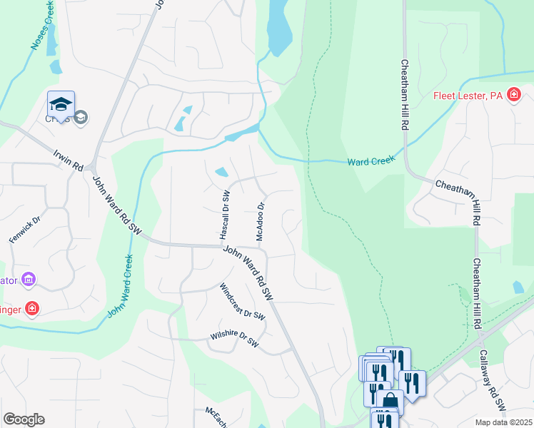 map of restaurants, bars, coffee shops, grocery stores, and more near 1500 McAdoo Drive in Marietta