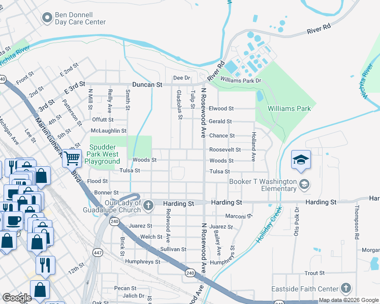 map of restaurants, bars, coffee shops, grocery stores, and more near 1206 North Rosewood Avenue in Wichita Falls