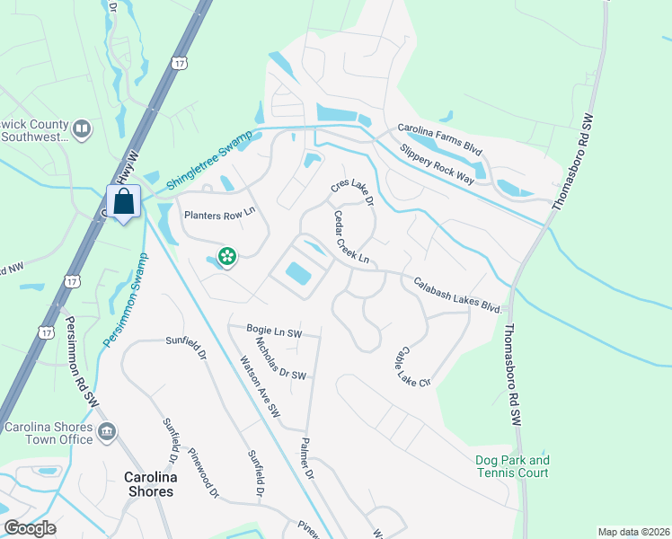 map of restaurants, bars, coffee shops, grocery stores, and more near 3055 Cedar Creek Lane in Calabash
