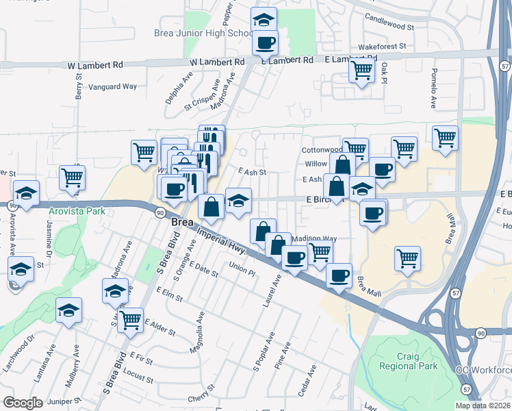 map of restaurants, bars, coffee shops, grocery stores, and more near 205 South Redwood Avenue in Brea