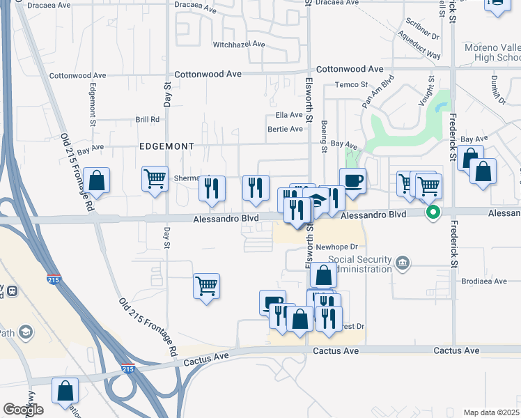 map of restaurants, bars, coffee shops, grocery stores, and more near 22314 Alessandro Boulevard in Moreno Valley