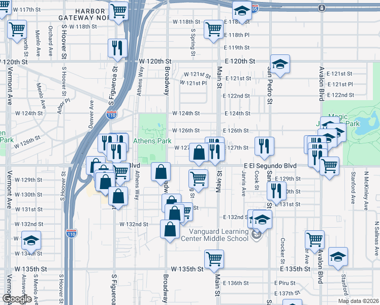 map of restaurants, bars, coffee shops, grocery stores, and more near 206 West 127th Street in Los Angeles