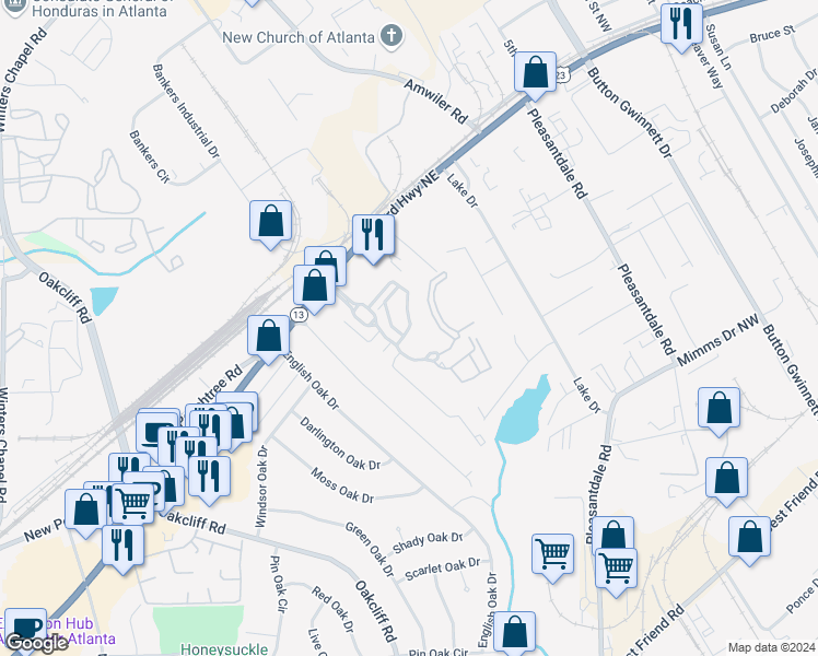 map of restaurants, bars, coffee shops, grocery stores, and more near Poplar Drive in Atlanta