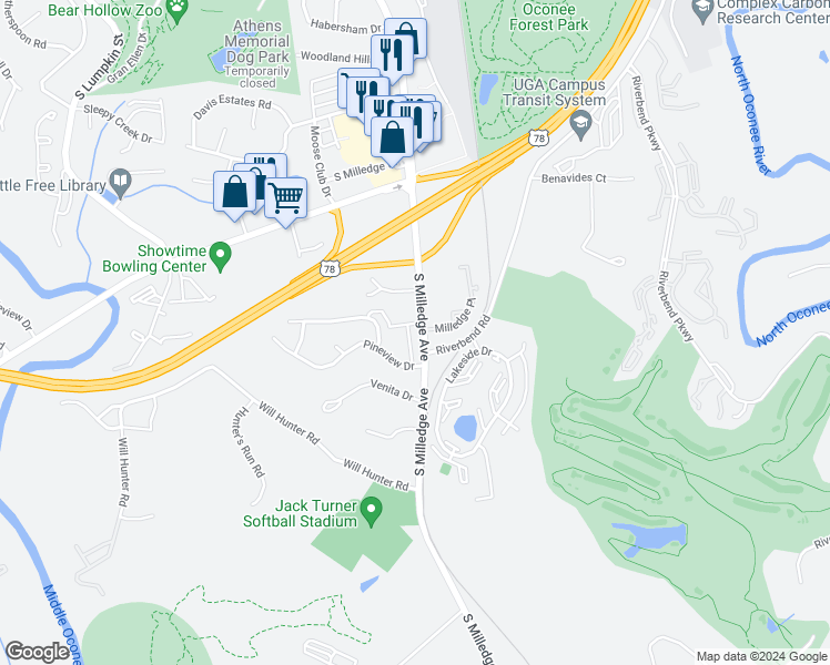 map of restaurants, bars, coffee shops, grocery stores, and more near 2170 South Milledge Avenue in Athens
