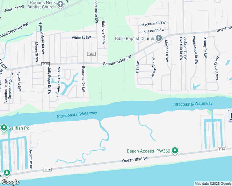 map of restaurants, bars, coffee shops, grocery stores, and more near 2625 Seashore Road Southwest in Supply