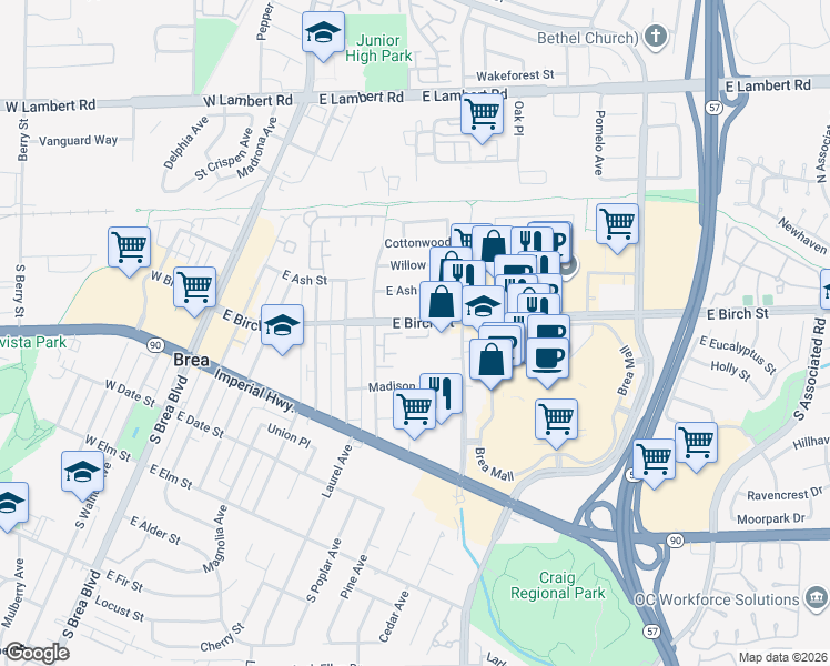 map of restaurants, bars, coffee shops, grocery stores, and more near 632 East Birch Street in Brea