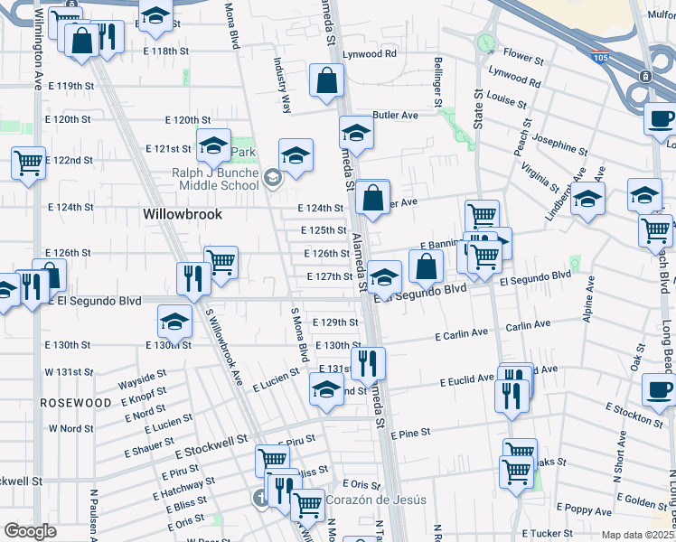 map of restaurants, bars, coffee shops, grocery stores, and more near 2623 East 127th Street in Compton