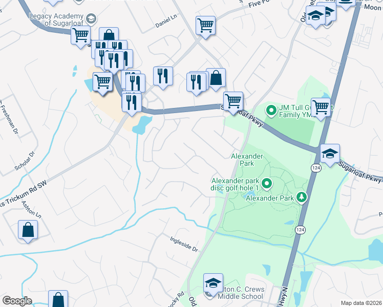 map of restaurants, bars, coffee shops, grocery stores, and more near 1234 Thorncliff Court in Lawrenceville