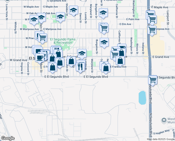 map of restaurants, bars, coffee shops, grocery stores, and more near 817 East Franklin Avenue in El Segundo