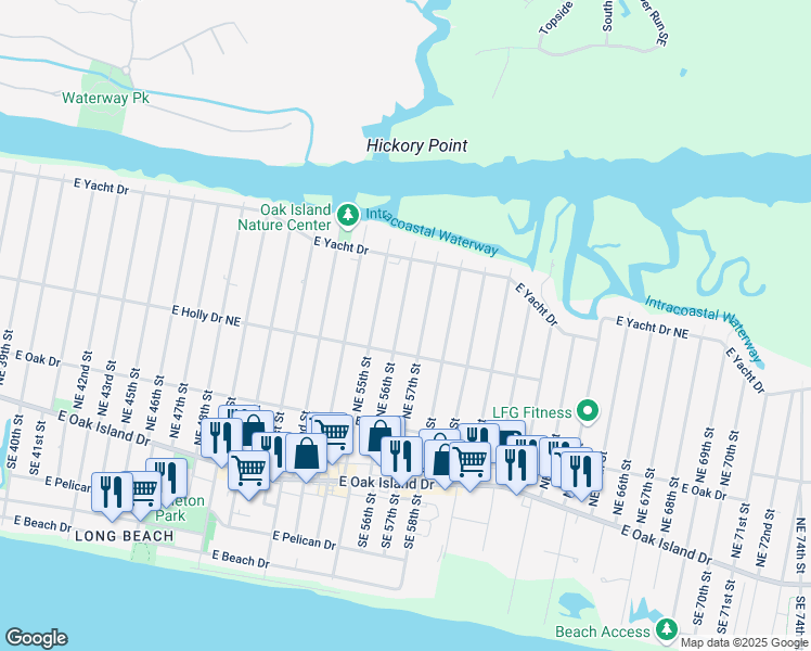 map of restaurants, bars, coffee shops, grocery stores, and more near 312 Northeast 56th Street in Oak Island
