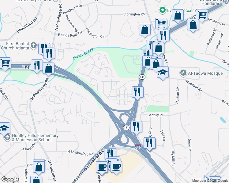 map of restaurants, bars, coffee shops, grocery stores, and more near 4251 Spruce Pine Alley in Doraville