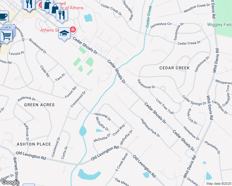 map of restaurants, bars, coffee shops, grocery stores, and more near 104 Highland Park Drive in Athens