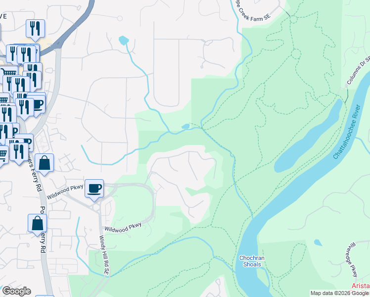 map of restaurants, bars, coffee shops, grocery stores, and more near 3505 Rivers Call Boulevard in Atlanta