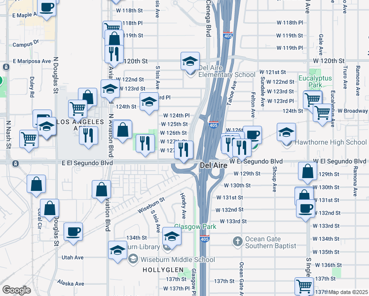 map of restaurants, bars, coffee shops, grocery stores, and more near 5309 West 127th Street in Hawthorne