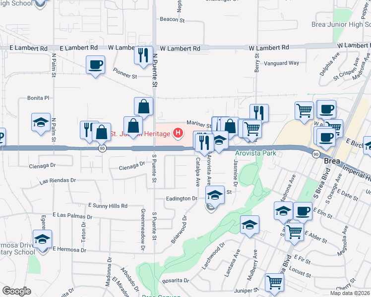 map of restaurants, bars, coffee shops, grocery stores, and more near 949 West Imperial Highway in Brea