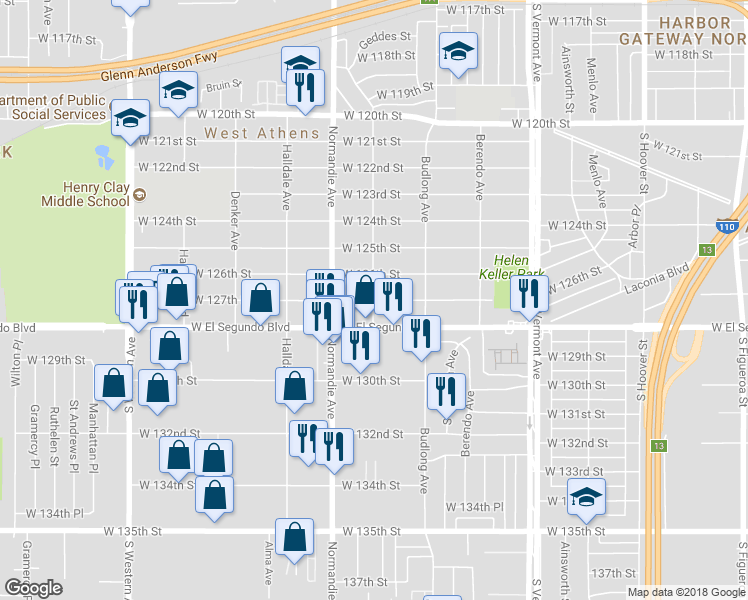 map of restaurants, bars, coffee shops, grocery stores, and more near Raymond Avenue & West 127th Street in West Athens