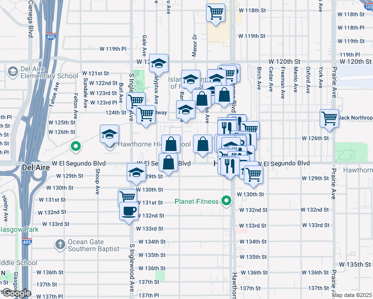 map of restaurants, bars, coffee shops, grocery stores, and more near 12648 Ramona Avenue in Hawthorne