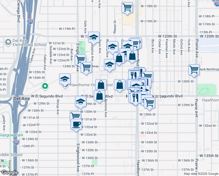 map of restaurants, bars, coffee shops, grocery stores, and more near 12648 Ramona Avenue in Hawthorne