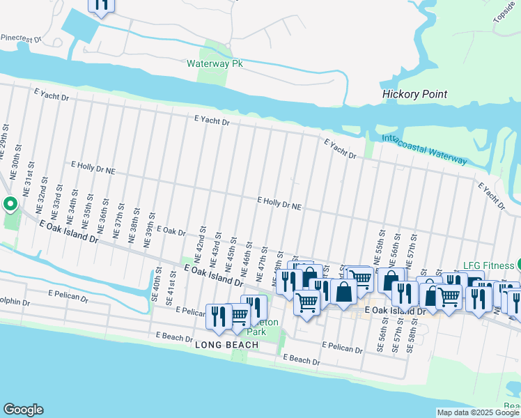 map of restaurants, bars, coffee shops, grocery stores, and more near 302 Northeast 46th Street in Oak Island