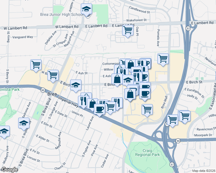 map of restaurants, bars, coffee shops, grocery stores, and more near 628 East Birch Street in Brea