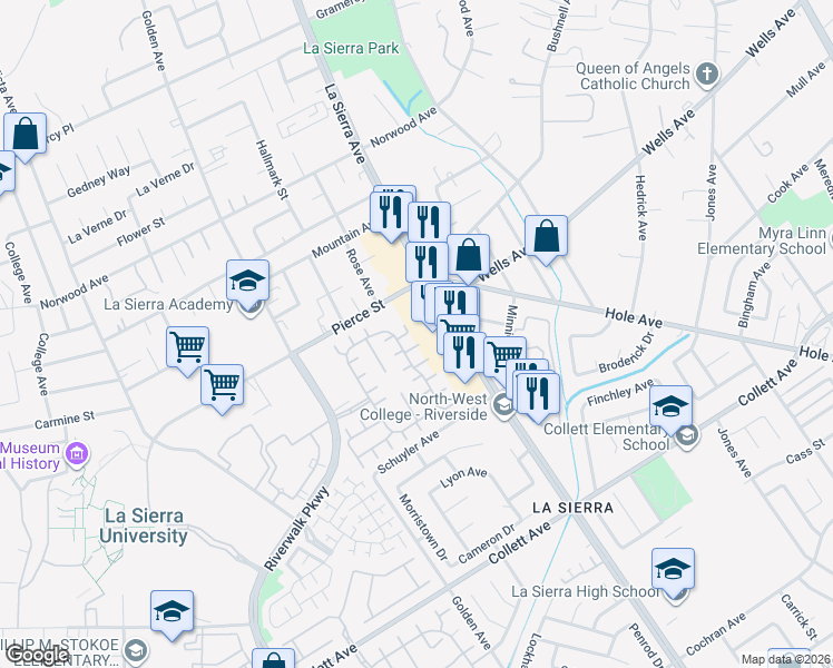 map of restaurants, bars, coffee shops, grocery stores, and more near 4790 La Sierra Avenue in Riverside