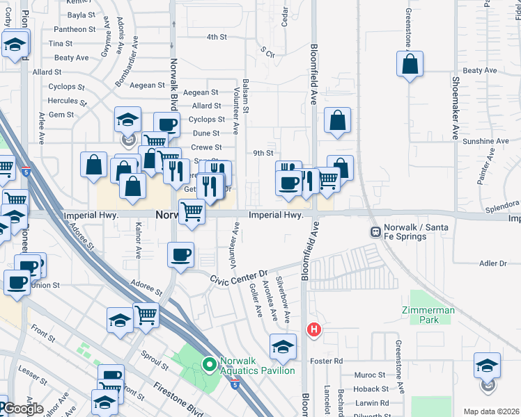 map of restaurants, bars, coffee shops, grocery stores, and more near 12512 Volunteer Avenue in Norwalk