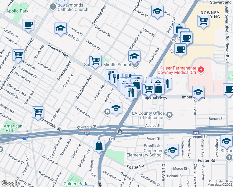 map of restaurants, bars, coffee shops, grocery stores, and more near 8731 Imperial Highway in Downey