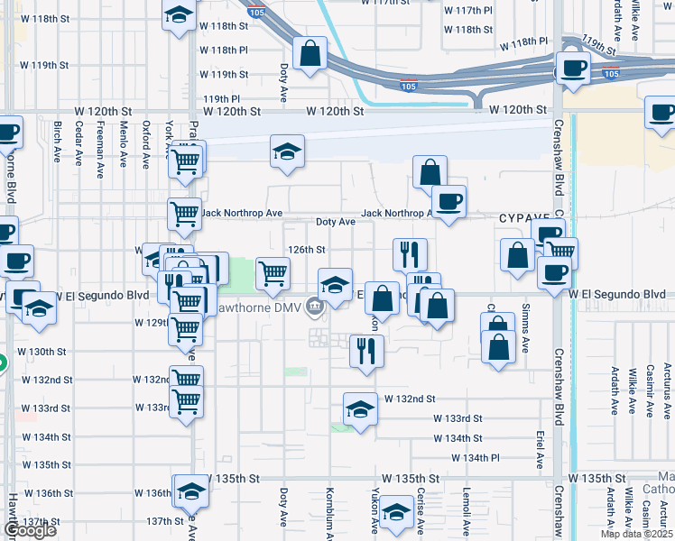 map of restaurants, bars, coffee shops, grocery stores, and more near 12523 Cranbrook Avenue in Hawthorne