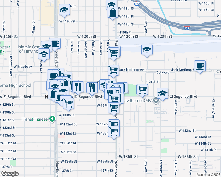 map of restaurants, bars, coffee shops, grocery stores, and more near 12611 Prairie Avenue in Hawthorne