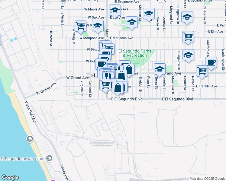 map of restaurants, bars, coffee shops, grocery stores, and more near 207a East Franklin Avenue in El Segundo