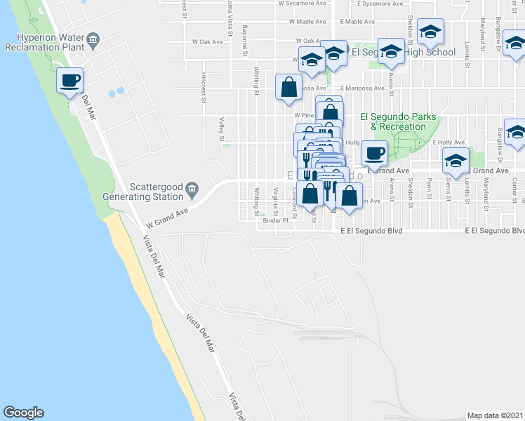 map of restaurants, bars, coffee shops, grocery stores, and more near 202 Whiting Street in El Segundo