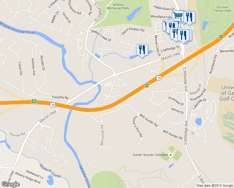 map of restaurants, bars, coffee shops, grocery stores, and more near 148 Old Will Hunter Road in Athens
