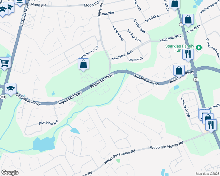 map of restaurants, bars, coffee shops, grocery stores, and more near 1309 Aura Trail in Lawrenceville