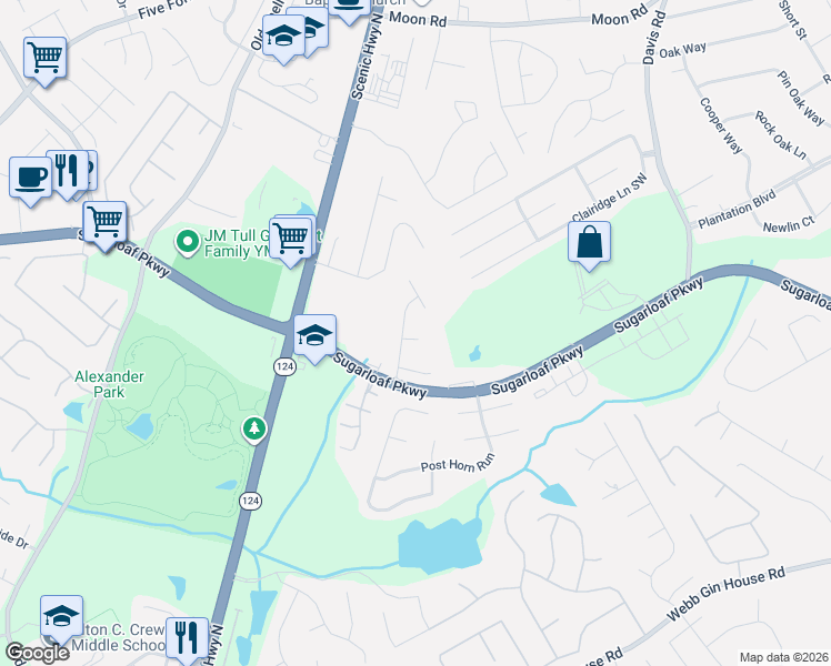 map of restaurants, bars, coffee shops, grocery stores, and more near 1119 Treymont Lane Southwest in Lawrenceville