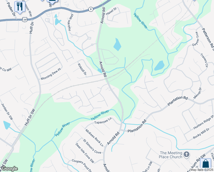 map of restaurants, bars, coffee shops, grocery stores, and more near 290 Hayward Lane in Lawrenceville