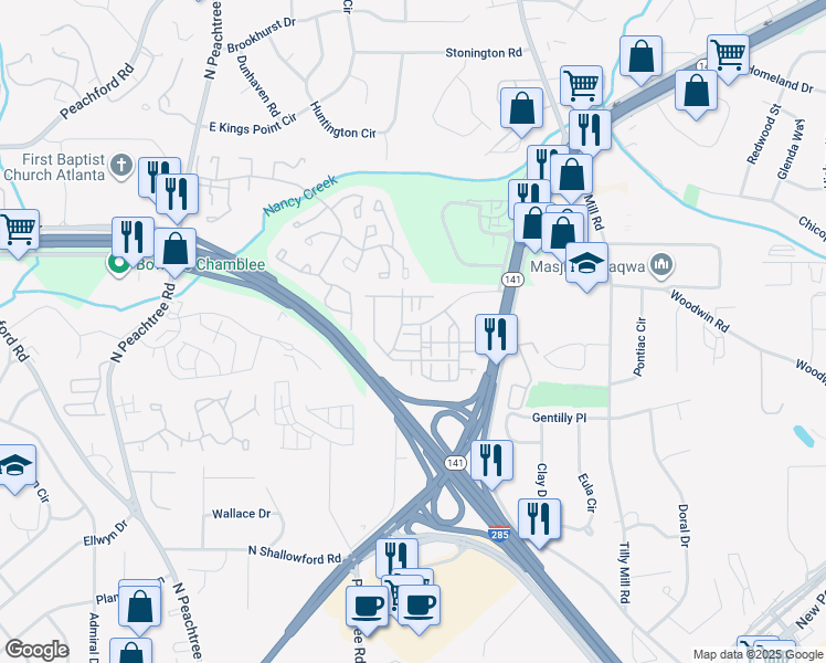 map of restaurants, bars, coffee shops, grocery stores, and more near 4251 Spruce Pine Alley in Doraville