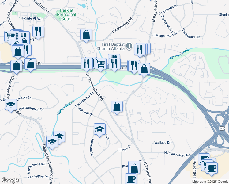 map of restaurants, bars, coffee shops, grocery stores, and more near 4217 North Shallowford Road in Chamblee