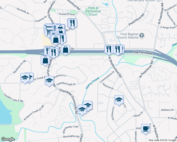 map of restaurants, bars, coffee shops, grocery stores, and more near 1943 Queens Way in Chamblee