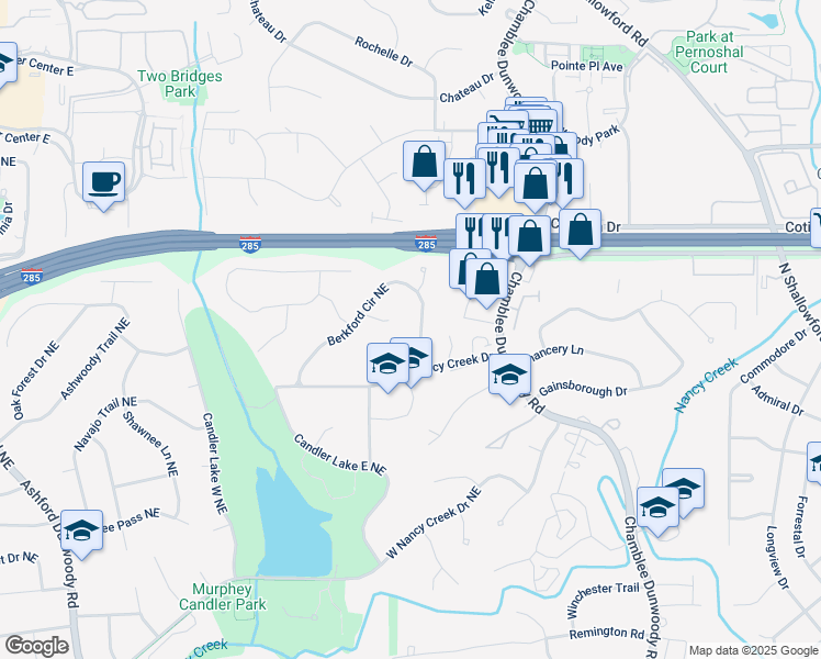 map of restaurants, bars, coffee shops, grocery stores, and more near 4329 Berkford Circle Northeast in Atlanta