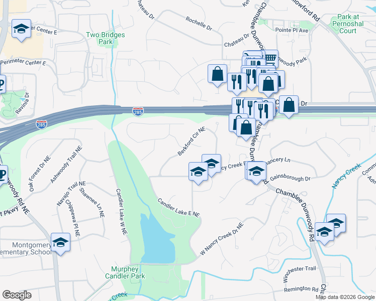 map of restaurants, bars, coffee shops, grocery stores, and more near 4229 Berkford Circle Northeast in Atlanta