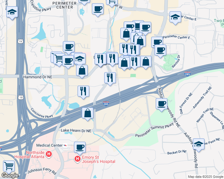 map of restaurants, bars, coffee shops, grocery stores, and more near 246 Perimeter Center Parkway Northeast in Atlanta