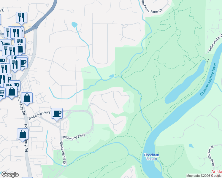 map of restaurants, bars, coffee shops, grocery stores, and more near 3505 Rivers Call Boulevard in Atlanta