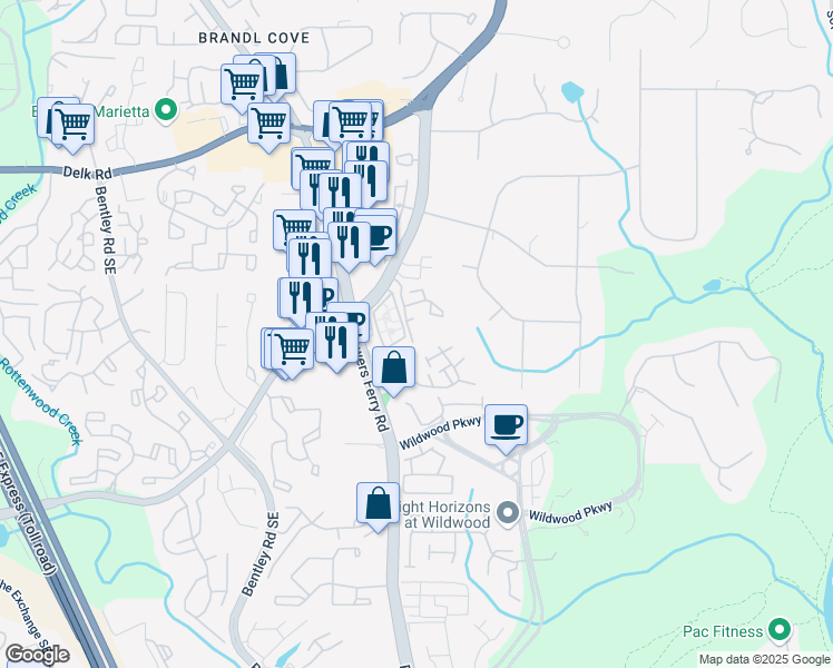 map of restaurants, bars, coffee shops, grocery stores, and more near 507 Embers Drive in Marietta