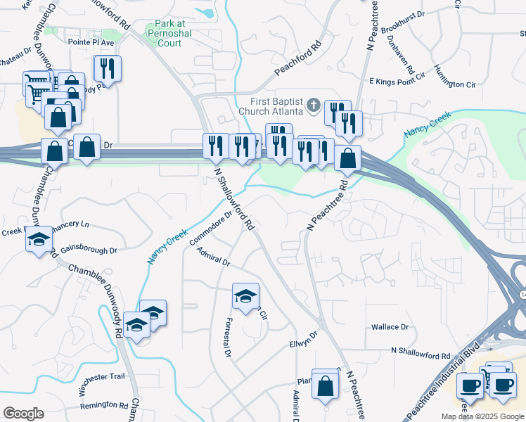 map of restaurants, bars, coffee shops, grocery stores, and more near 4217 North Shallowford Road in Chamblee