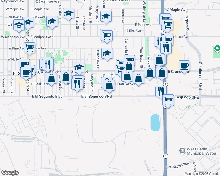 map of restaurants, bars, coffee shops, grocery stores, and more near 201 Nevada Street in El Segundo
