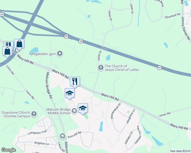 map of restaurants, bars, coffee shops, grocery stores, and more near 1081 Julian Drive in Watkinsville